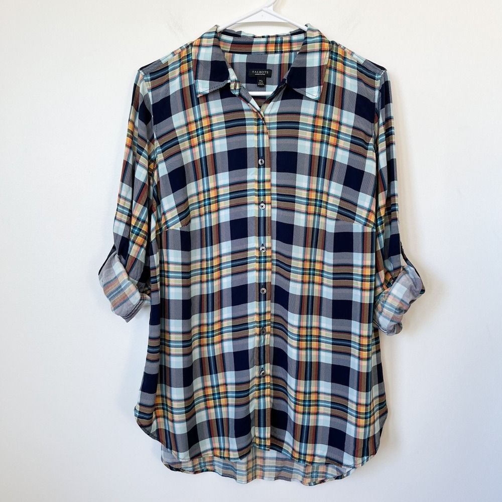 Talbots Plaid Button Up Blouse Roll Tab Sleeve 1X Petite Navy Orange